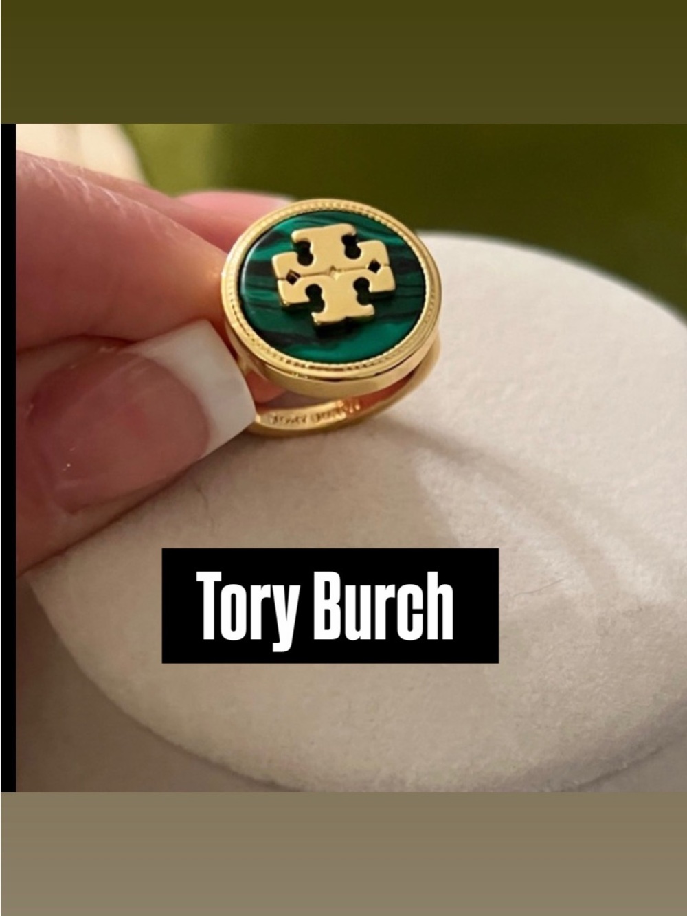 Tory Burch Gold-Tone Ring
Malachite Semiprecious
Stone Logo Sz 8